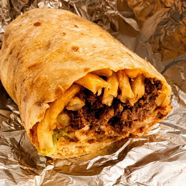 Close-up of a foil-wrapped burrito filled with seasoned meat, fries, melted cheese, and vegetables.