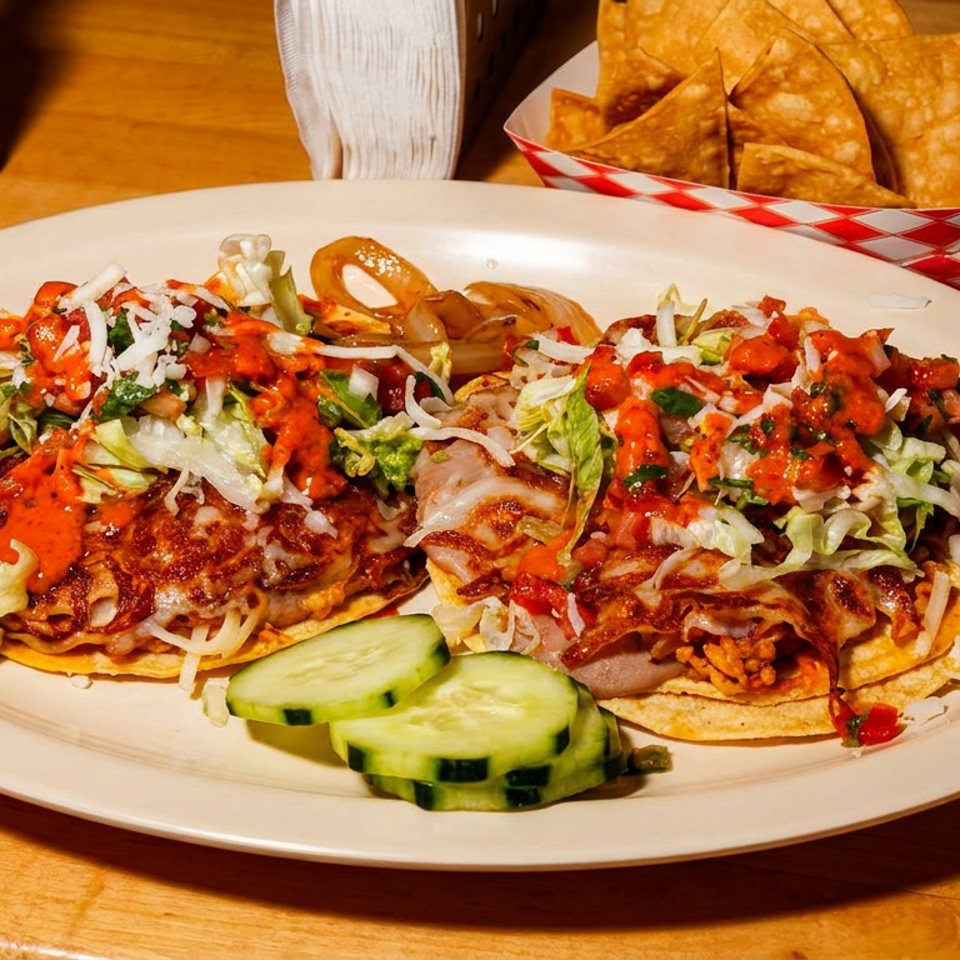 Loaded Mexican-style plate with sauced enchiladas, shredded lettuce, onions, salsa, cucumber slices, tortilla chips, and dipping sauce.