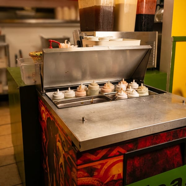 Restaurant condiment station with assorted squeeze bottles, napkins, and beverage containers on a colorful counter.