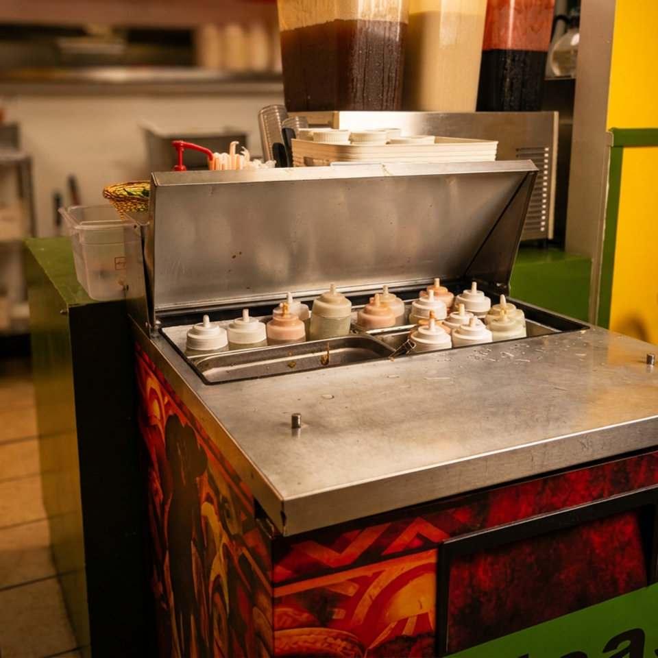 Restaurant condiment station with assorted squeeze bottles, napkins, and beverage containers on a colorful counter.