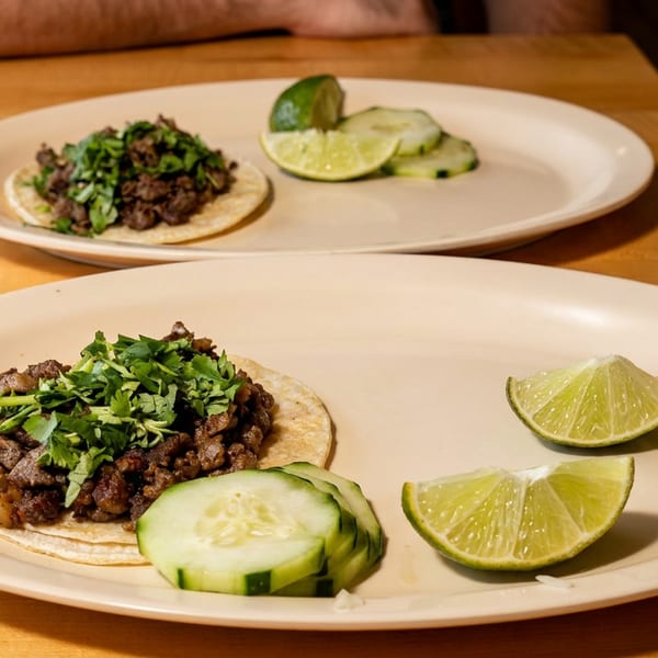 Two plates of tacos topped with chopped meat and cilantro, served with cucumber slices and lime wedges on a wooden table.