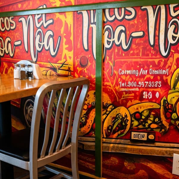 Restaurant dining area with wooden table, metal chairs, and vibrant mural advertising tacos and Mexican cuisine.
