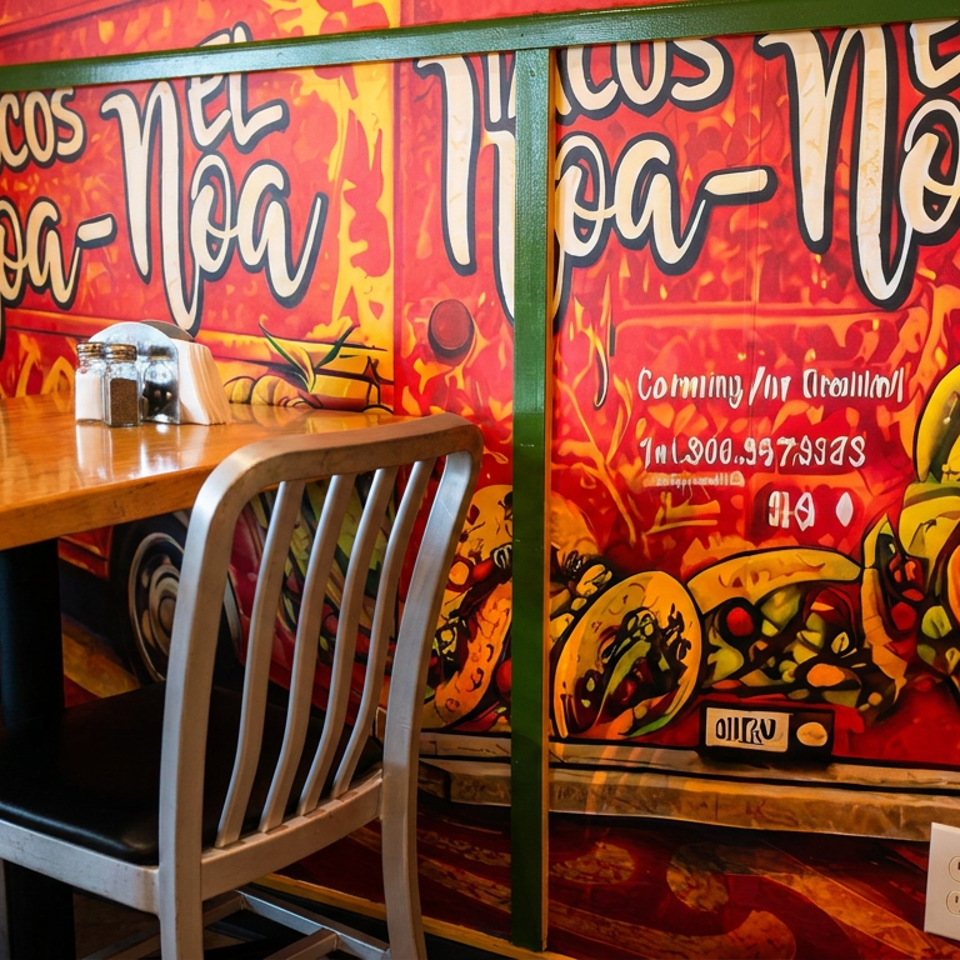 Restaurant dining area with wooden table, metal chairs, and vibrant mural advertising tacos and Mexican cuisine.