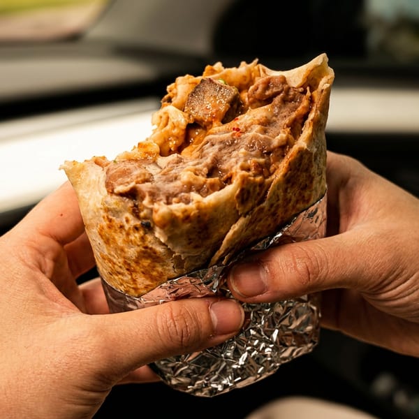 Hands hold a foil-wrapped stuffed flatbread filled with grilled meat and golden crispy toppings.