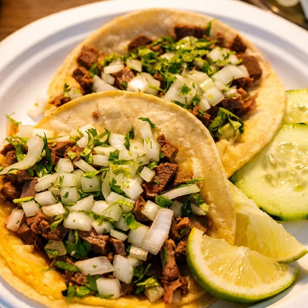 Two corn tortilla tacos topped with diced onions, cilantro, and grilled meat, served with cucumber slices and lime wedges.