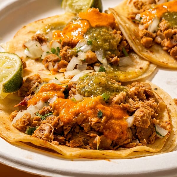 Three tacos topped with shredded meat, chopped onions, cilantro, orange and green salsa, served with lime wedges.