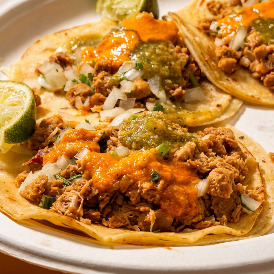 Three tacos topped with shredded meat, chopped onions, cilantro, orange and green salsa, served with lime wedges.